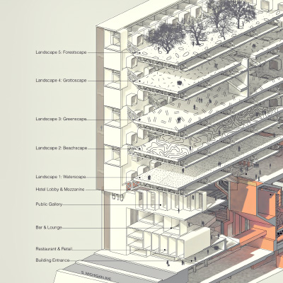 An axonometric cutaway section of a building project.