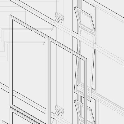 An axonometric drawing of a exploded window section project.