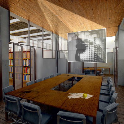A rendering of a dimmed conference room with a projector casting a presentation graphic project.