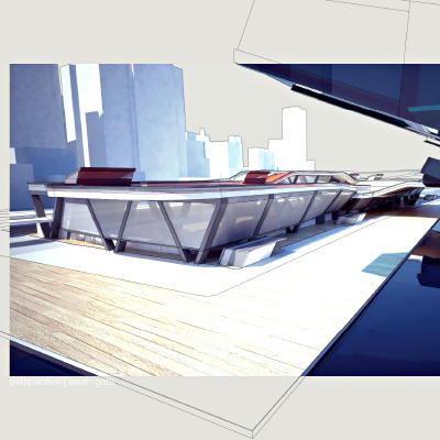 A rendering of a large glass terminal situated by the riverside project.