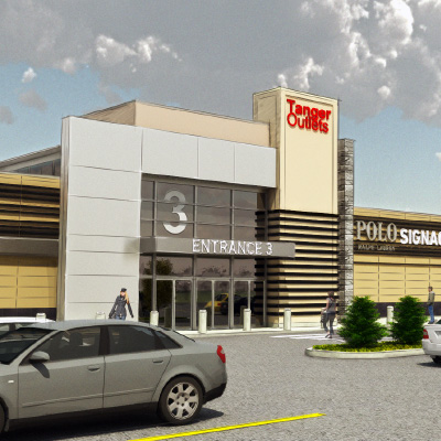 A day-time rendering of a mall entrance project.