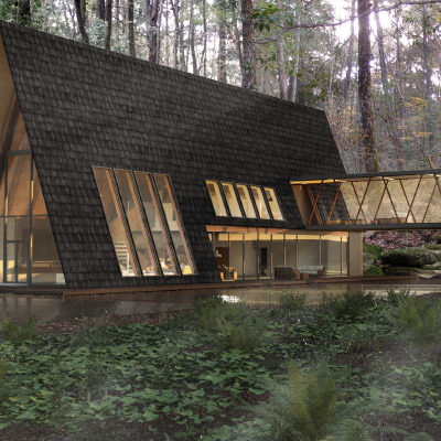 A rendering of a wooden A-frame building located in the forest project.