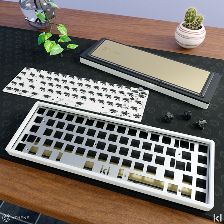 A disassembled 65% keyboard designed by KL called Athene resting on a table.