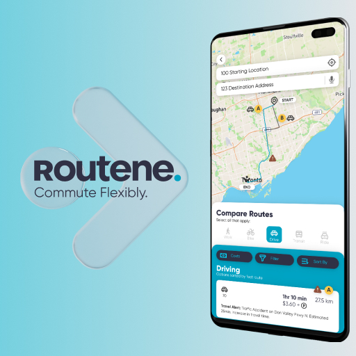 Routine: Commute Flexibly project. A phone is shown with options for allowing a user to compare transportation routes and times.