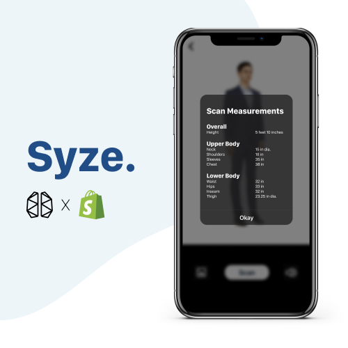 Syze app project. An phone is shown with scanned measurements of a person.