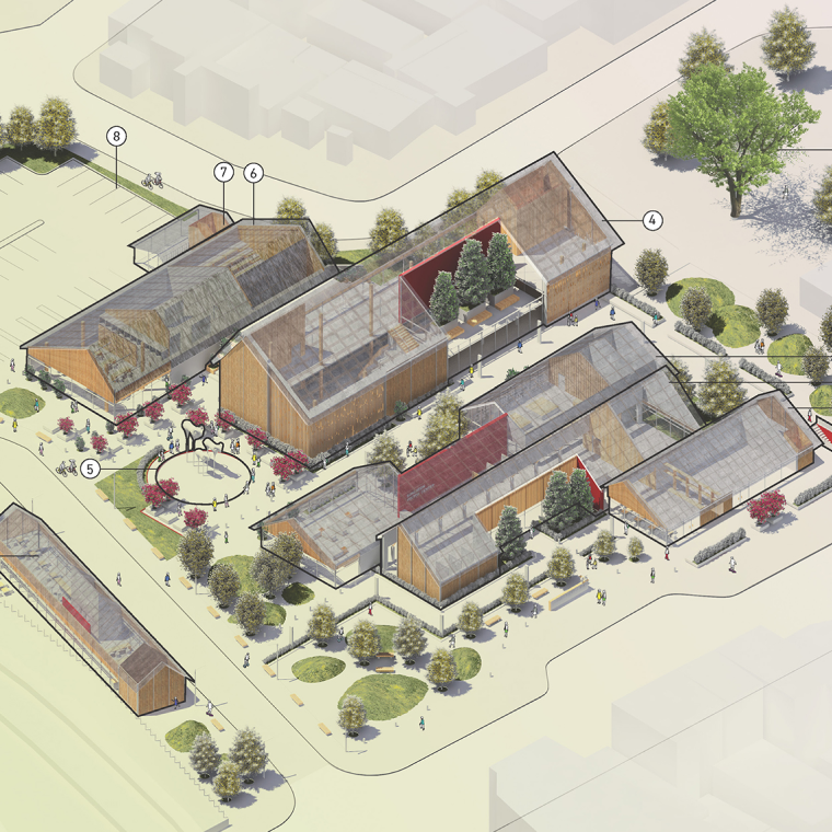 A birds eye x-ray overview of a large building complex project.